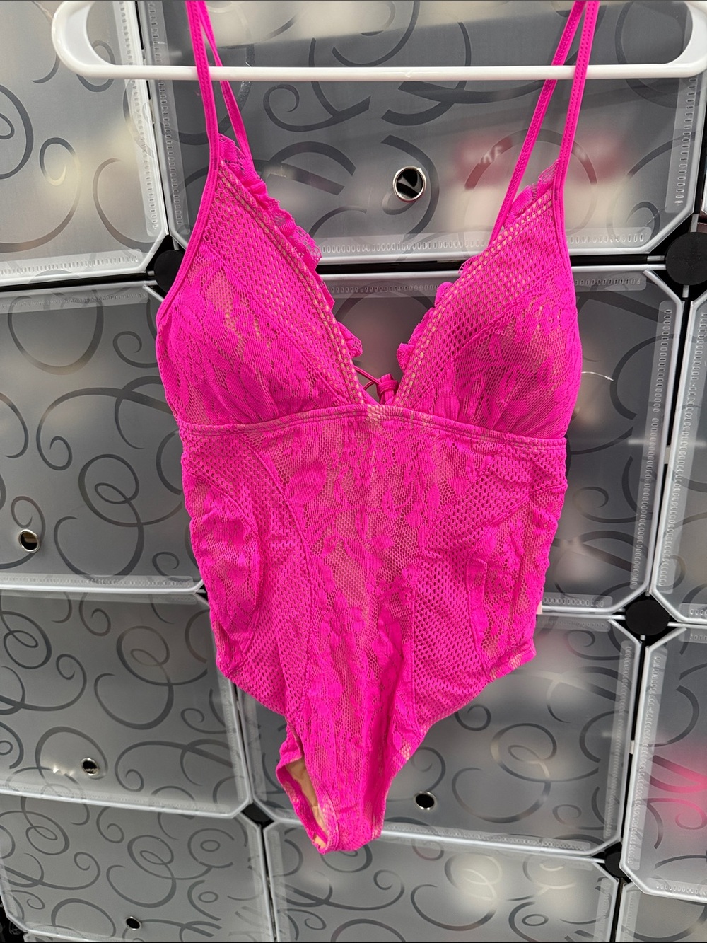 BCBGeneration Neon Pink Lace Mesh One-Piece Swimsuit